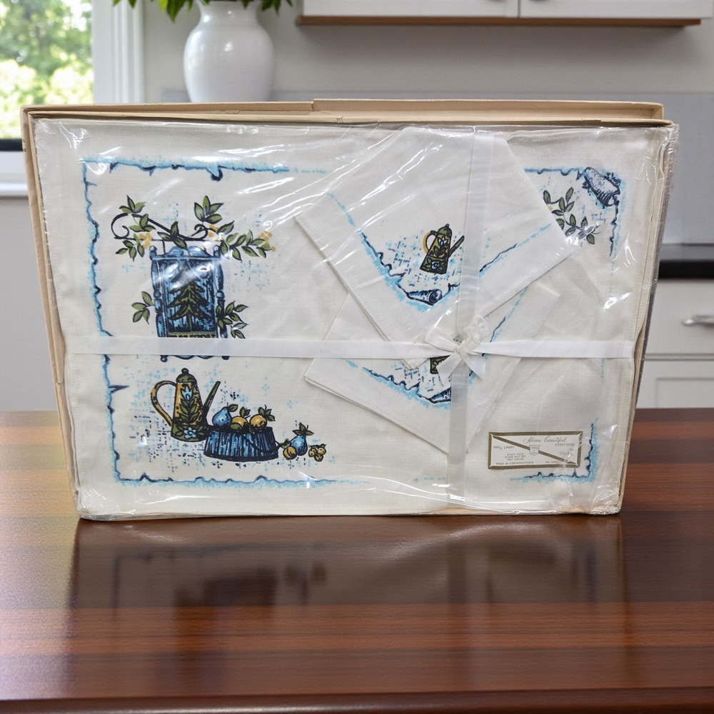 MCM Vintage 8 Pc Placemat & Napkin Set 100% Linen Fruit & Coffee Pot FMS Bros.